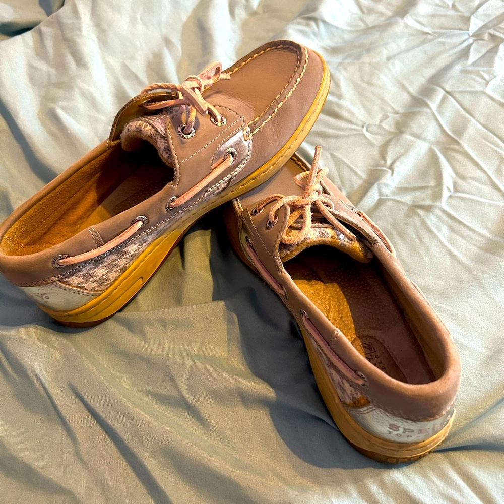 Sperry pink and silver boat shoes
